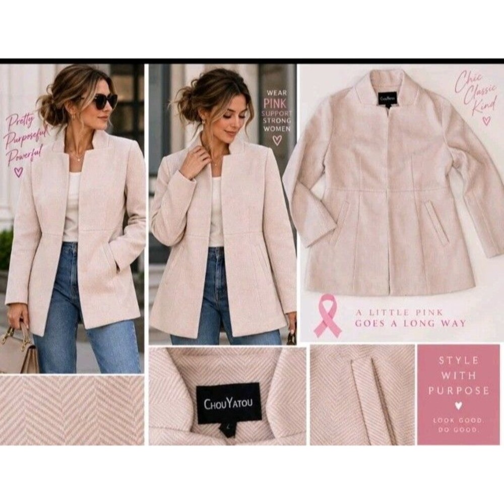 Blush pink tailored Collarless Mid-Length Jacket L Business Casual